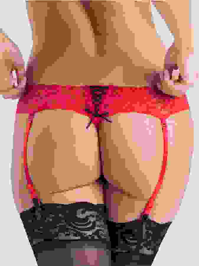 Lovehoney Red Crotchless Lace Thong with Removable Suspender Straps, Red, hi-res